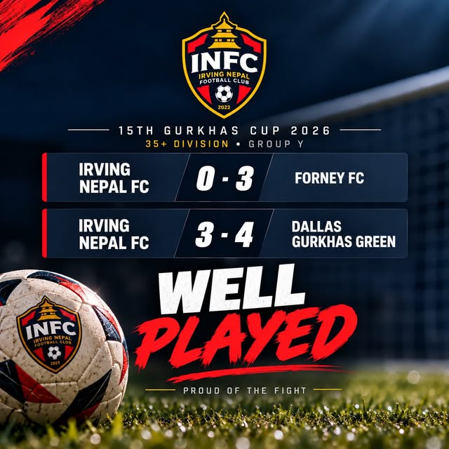 Irving Nepal FC 35+ Division Group Y results at the 15th Gurkhas Cup 2026: 0-3 vs Forney FC and 3-4 vs Dallas Gurkhas Green