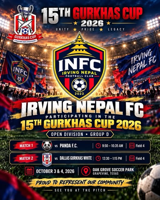 Irving Nepal FC Gurkhas Cup 2026 Group D fixtures vs Panda F.C. and Dallas Gurkhas White at Oak Grove Soccer Park